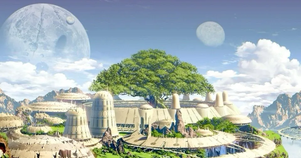 Big tree at the center of a circular city or industrial site, possibly on another planet