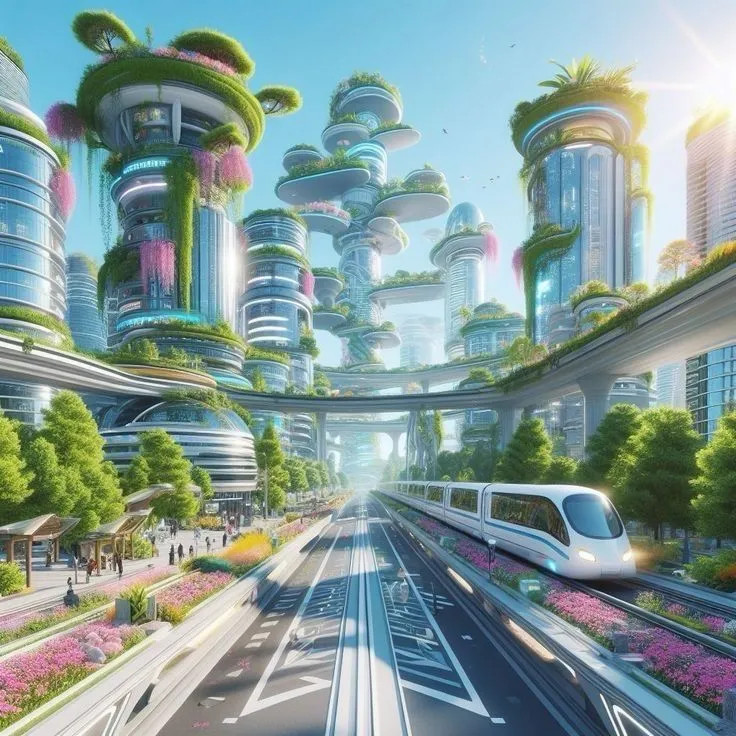 Green city with maglev trains