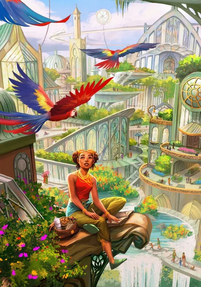 Woman watching parrots fly over an art deco solarpunk city